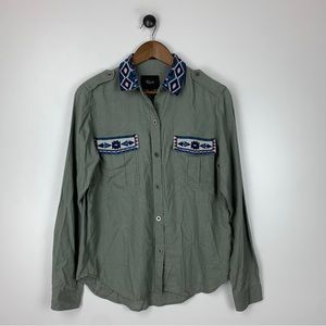 Rails Women's Long Sleeve Linen Blend Shirt Green Embroidered Southwestern Small